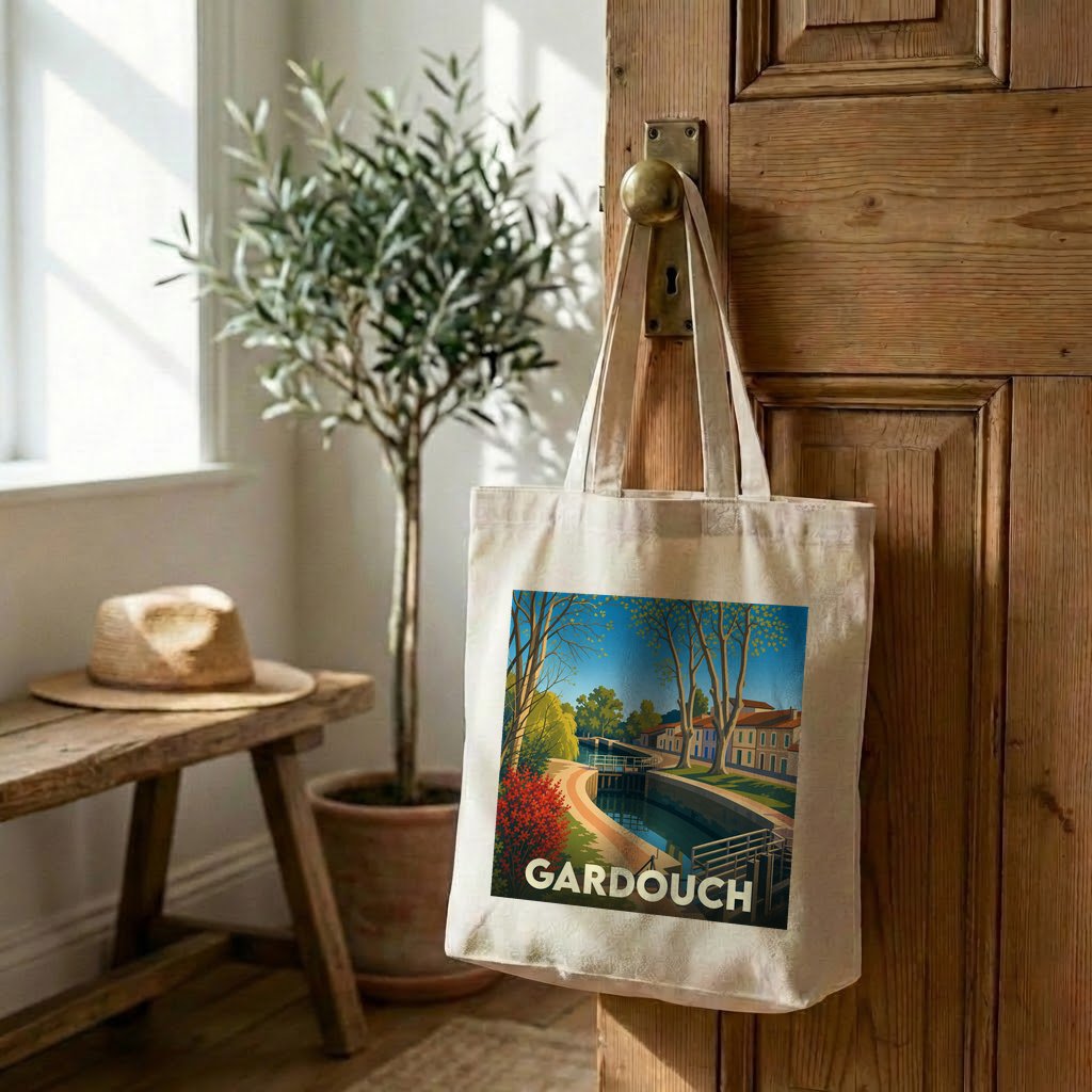 Tote bag souvenir de la ville de Gardouch avec une illustration stylisée d'un canal.