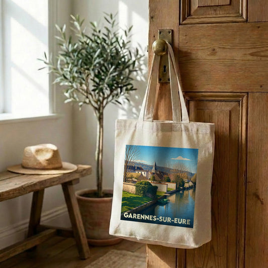 Tote bag souvenir de la ville de Garennes-sur-Eure avec une illustration stylisée.