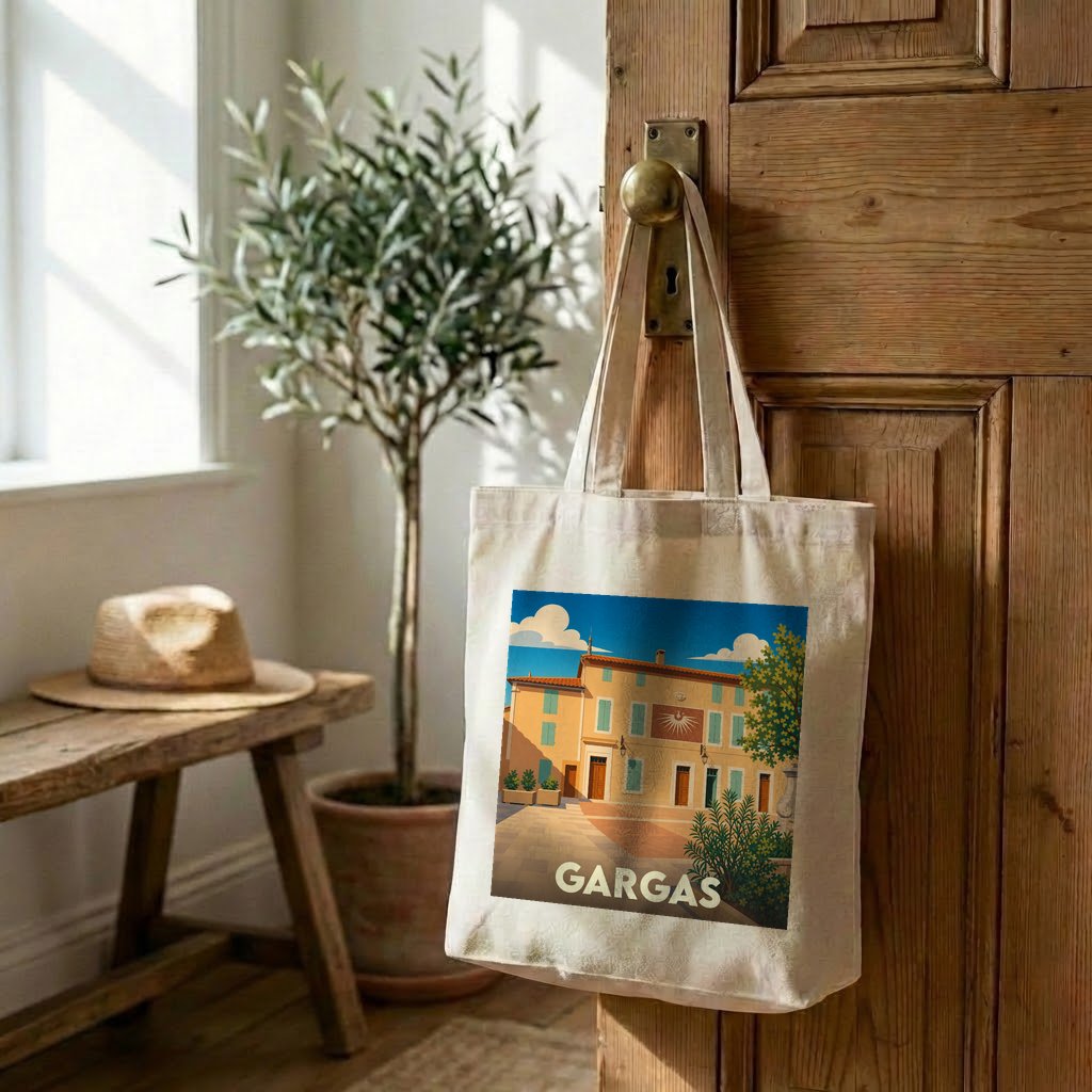 Tote bag souvenir de la ville de Gargas avec une illustration stylisée.