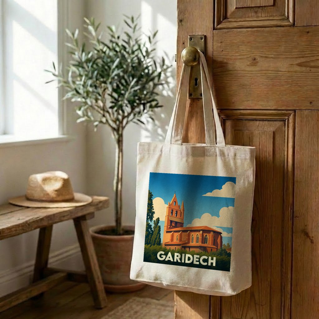 Tote bag souvenir de la ville de Garidech avec une illustration stylisée de son église.