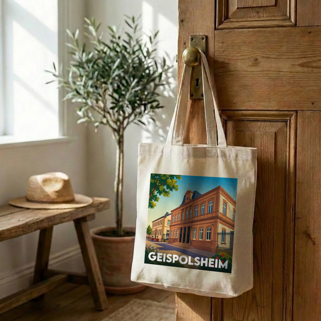Tote bag souvenir de la ville de Geispolsheim avec une illustration stylisée.