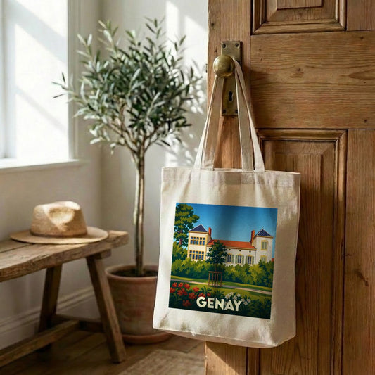Tote bag souvenir de la ville de Genay avec une illustration stylisée.
