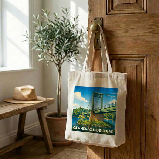 Tote bag souvenir de la ville de Gennes-Val-de-Loire avec une illustration stylisée de son pont suspendu.