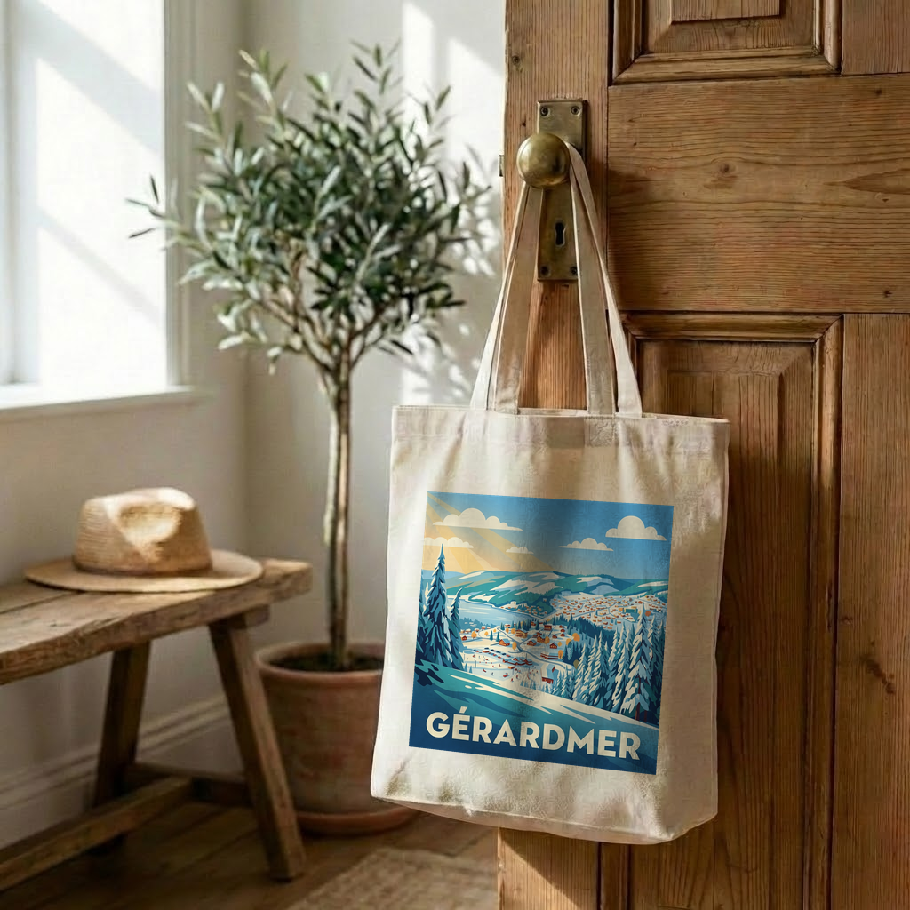 Tote bag souvenir de la ville de Gérardmer avec une illustration stylisée d'un paysage de montagne.
