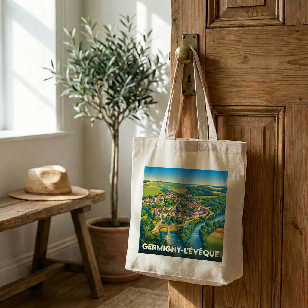 Tote bag souvenir de la ville de Germigny-l'Évêque avec une illustration stylisée.
