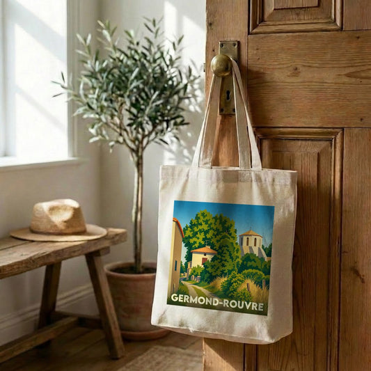 Tote bag souvenir de la ville de Germond-Rouvre avec une illustration stylisée de ses paysages.