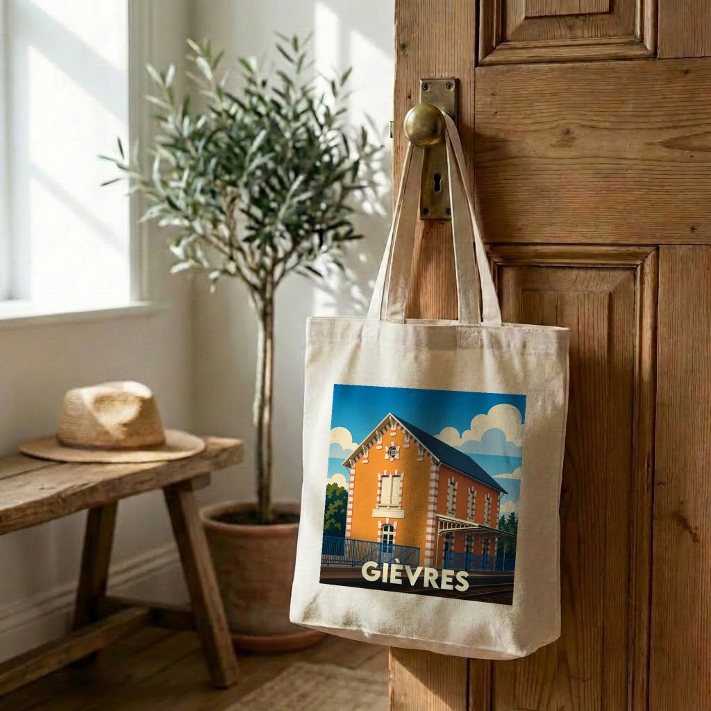 Tote bag souvenir de la ville de Gièvres avec une illustration stylisée.