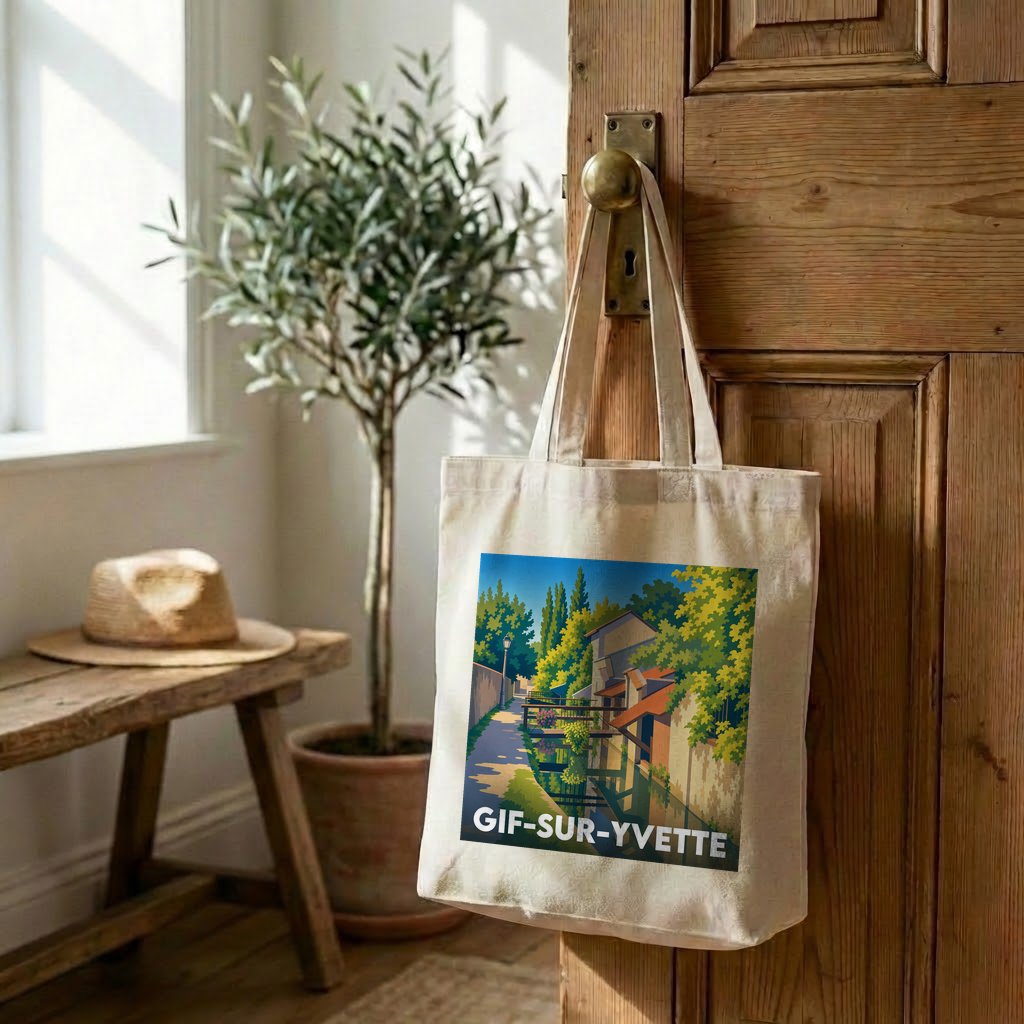 Tote bag souvenir de la ville de Gif-sur-Yvette avec une illustration stylisée.