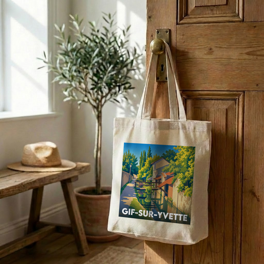 Tote bag souvenir de la ville de Gif-sur-Yvette avec une illustration stylisée.