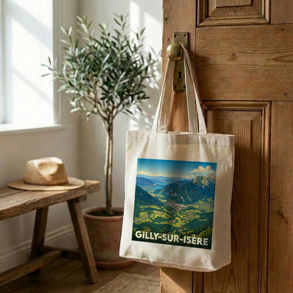 Tote bag souvenir de la ville de Gilly-sur-Isère avec une illustration de paysage montagneux.