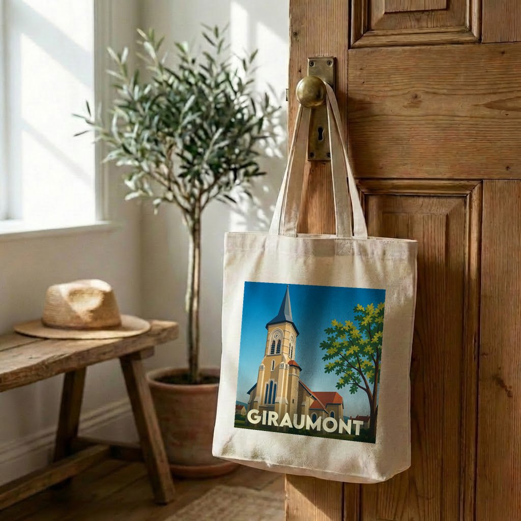 Sac cabas souvenir de la ville de Giraumont avec une illustration stylisée de son église.