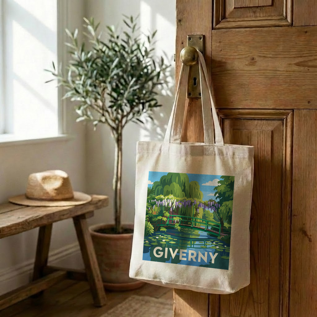 Tote bag souvenir de la ville de Giverny avec une illustration stylisée.