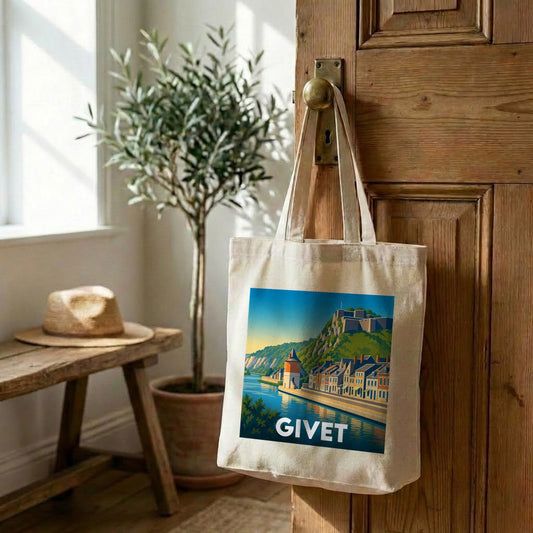 Tote bag souvenir de la ville de Givet avec une illustration stylisée.