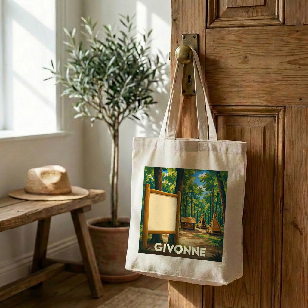 Tote bag souvenir de la ville de Givonne avec une illustration de forêt stylisée.