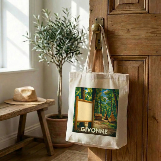 Tote bag souvenir de la ville de Givonne avec une illustration de forêt stylisée.
