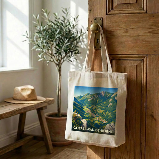 Tote bag souvenir de Glières-Val-de-Borne illustré par un paysage de montagne stylisé.