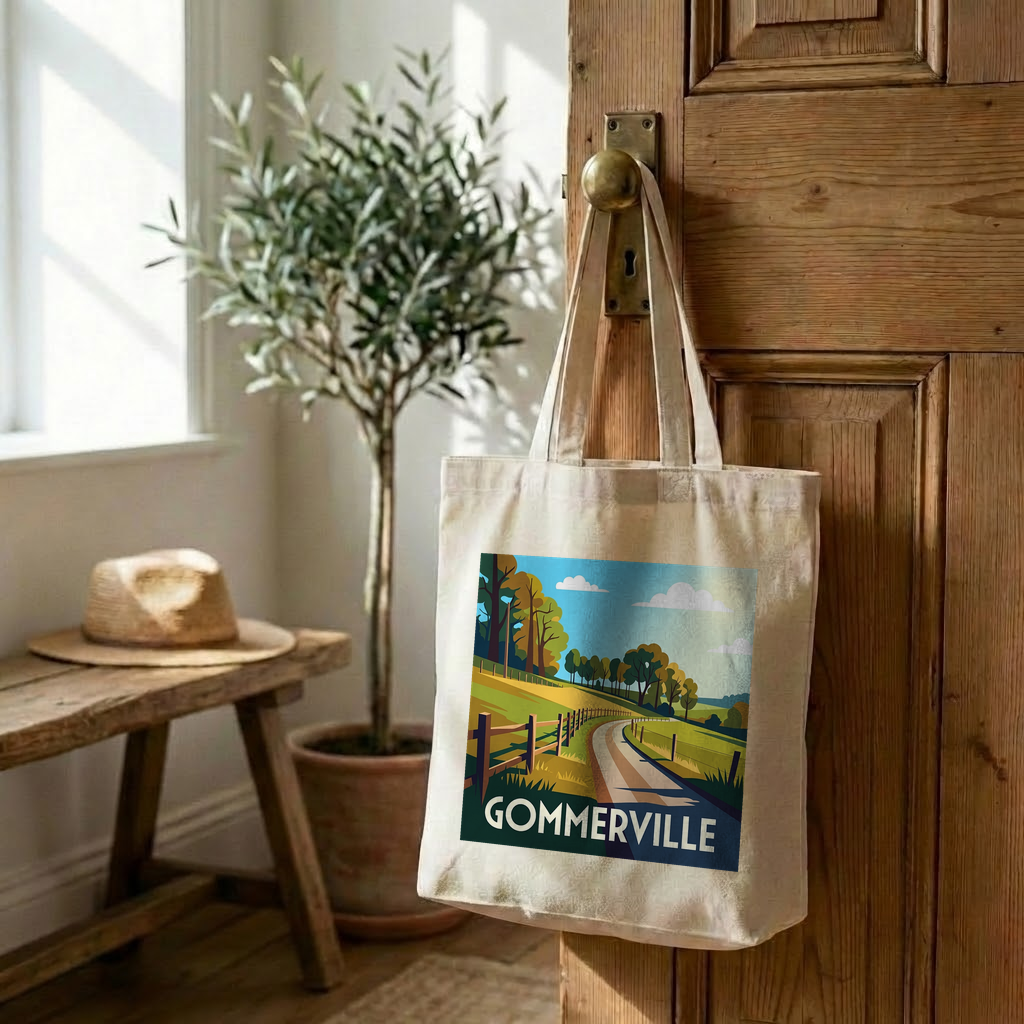 Tote bag souvenir de la ville de Gommerville avec une illustration stylisée d'un paysage rural.
