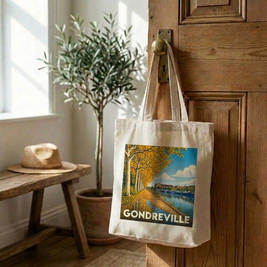 Tote bag souvenir de la ville de Gondreville orné d'une illustration automnale stylisée.
