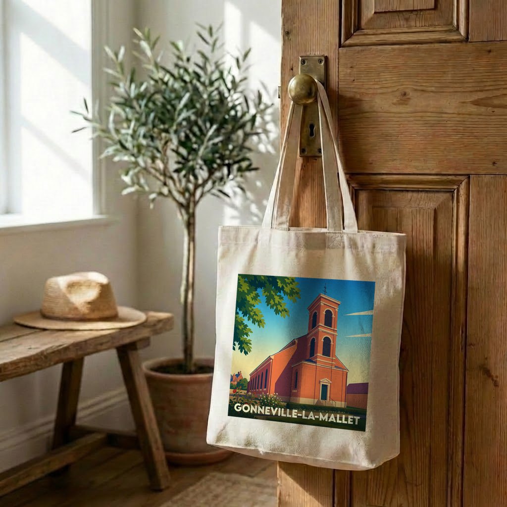 Tote bag souvenir de la ville de Gonneville-la-Mallet avec une illustration stylisée de son église.