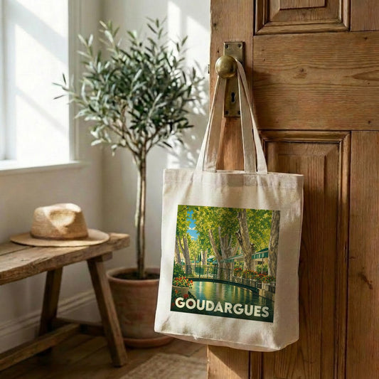 Tote bag souvenir de la ville de Goudargues avec une illustration stylisée.