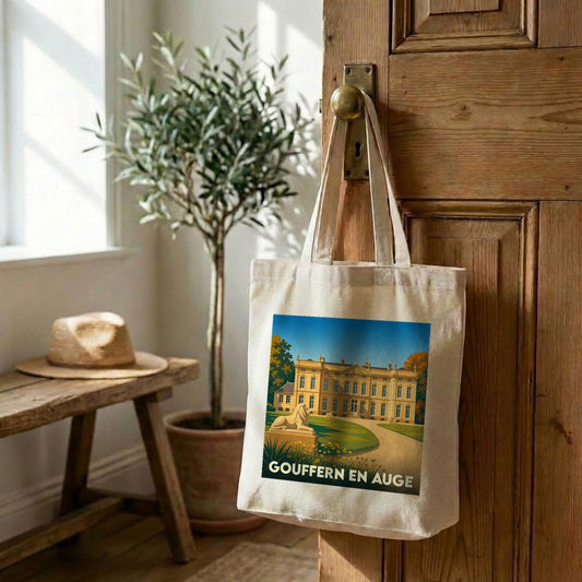 Tote bag souvenir de la ville de Gouffern en Auge avec une illustration stylisée.