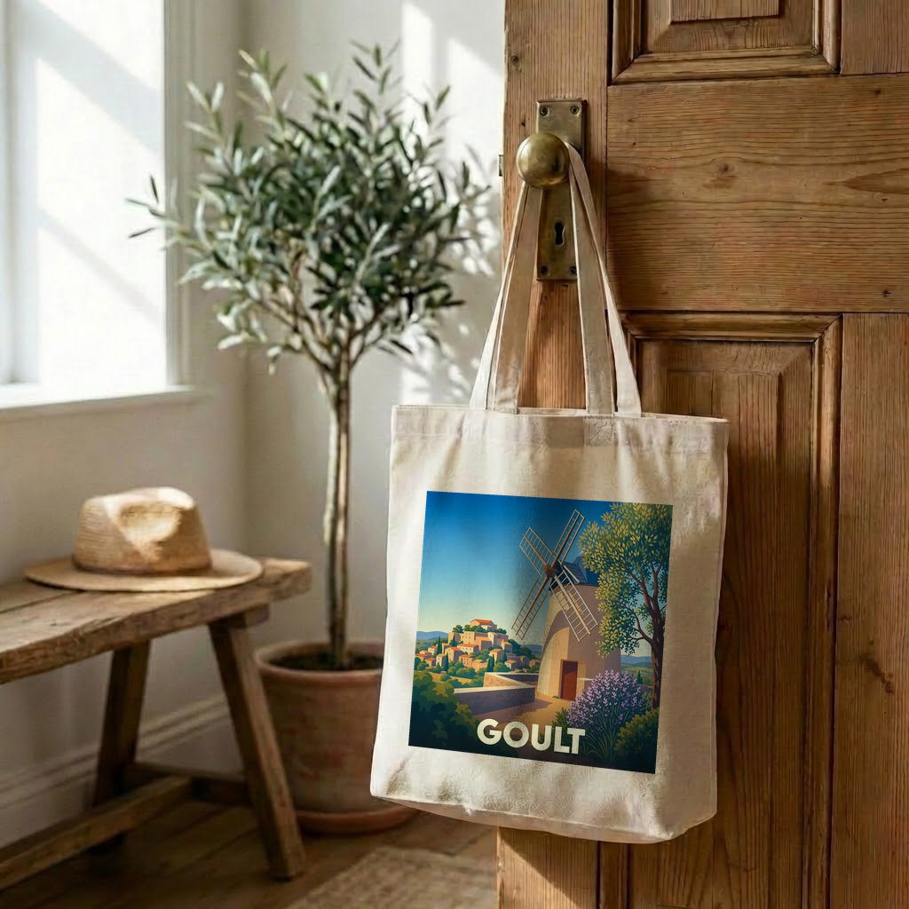 Tote bag souvenir de la ville de Goult orné d'une illustration stylisée représentant un moulin provençal.