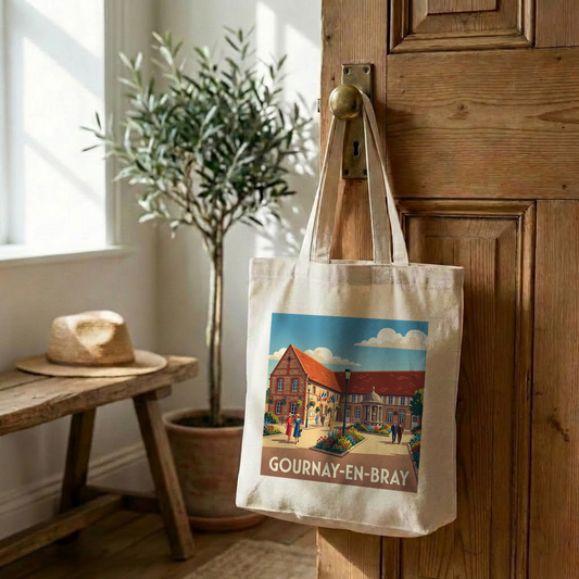 Tote bag souvenir de la ville de Gournay-en-Bray avec une illustration stylisée.