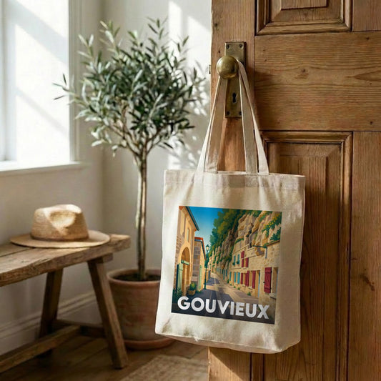 Tote bag souvenir de la ville de Gouvieux avec une illustration stylisée.