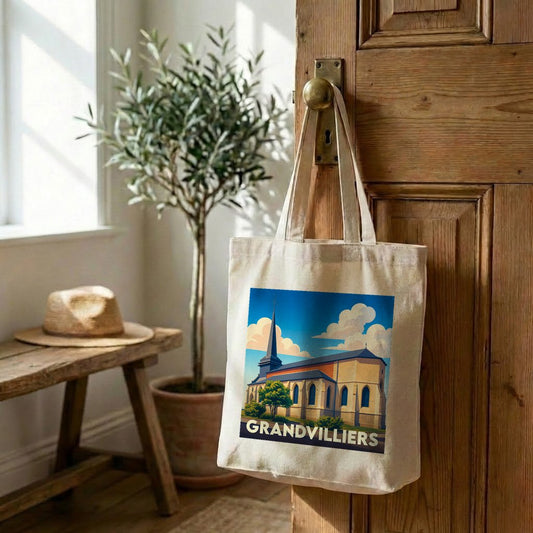 Tote bag souvenir de la ville de Grandvilliers avec une illustration stylisée de son église.