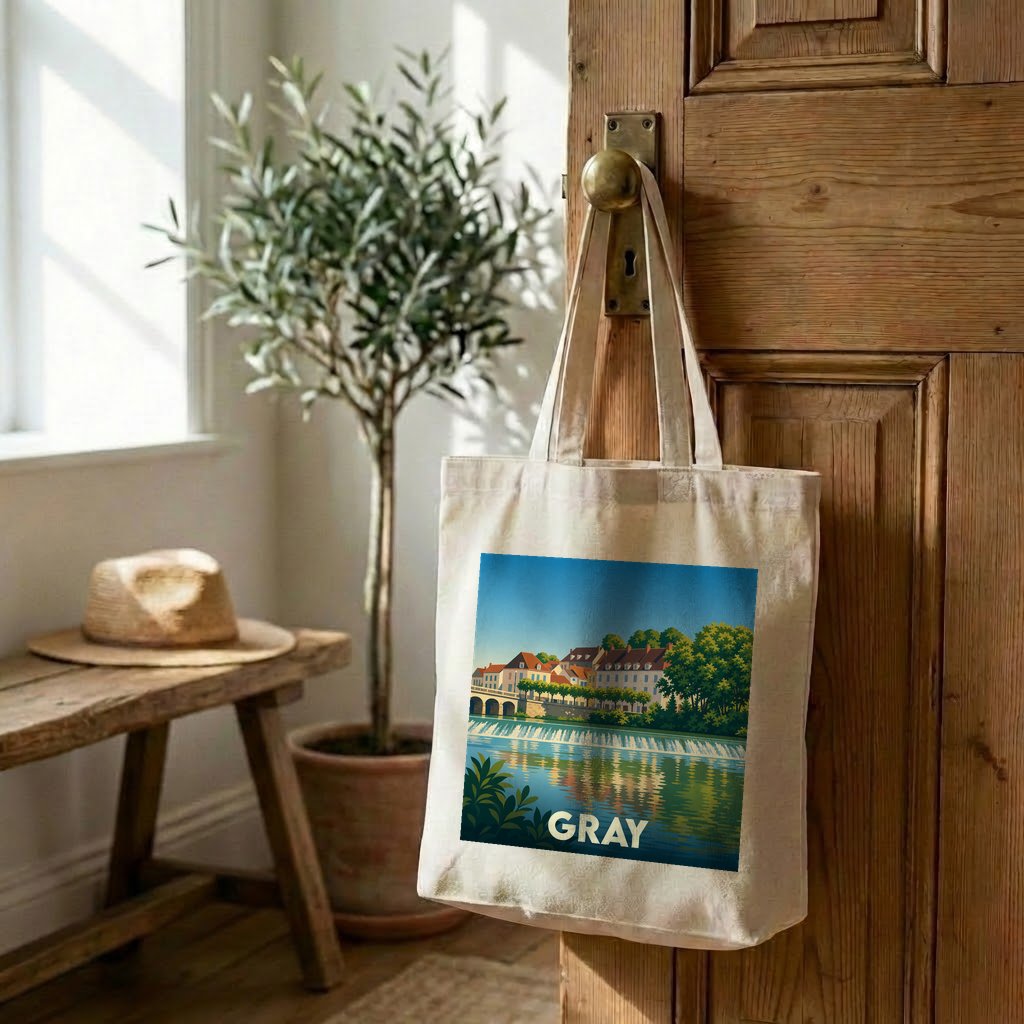 Tote bag souvenir de la ville de Gray avec une illustration stylisée des quais de Saône.