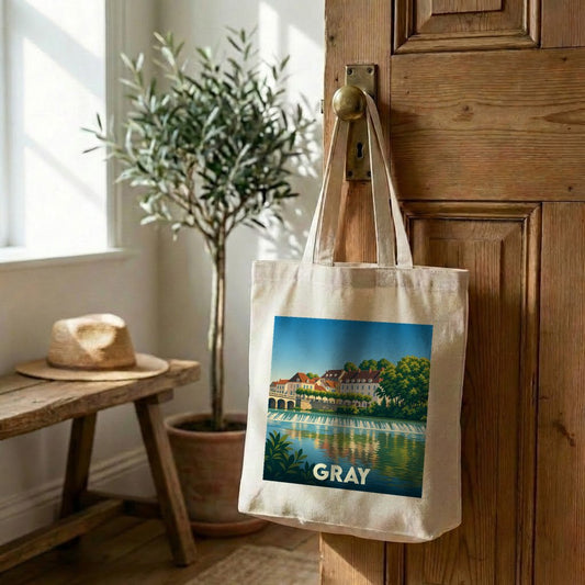 Tote bag souvenir de la ville de Gray avec une illustration stylisée des quais de Saône.