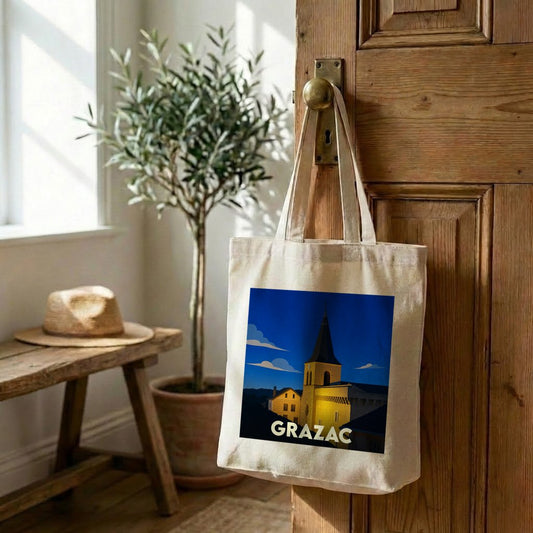 Tote bag souvenir de la ville de Grazac avec une illustration nocturne stylisée.