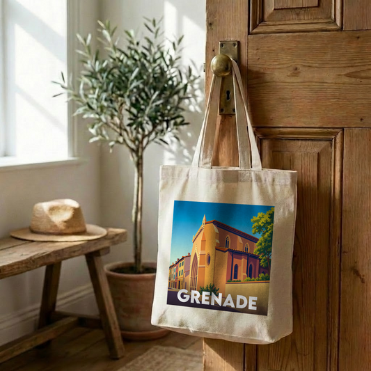 Tote bag souvenir de la ville de Grenade avec une illustration stylisée d'un bâtiment historique.