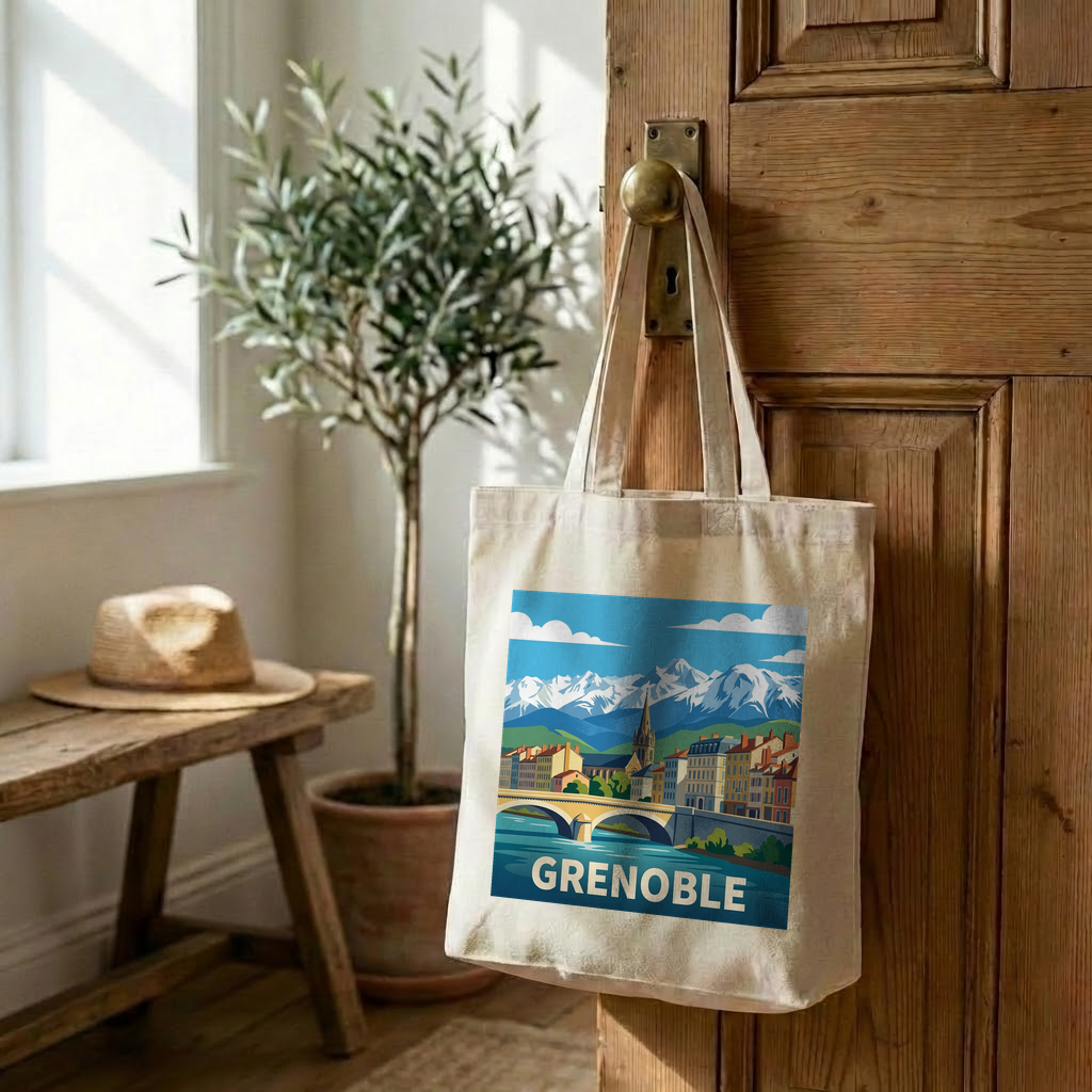 Tote bag souvenir de la ville de Grenoble avec une illustration stylisée de ses paysages montagneux.