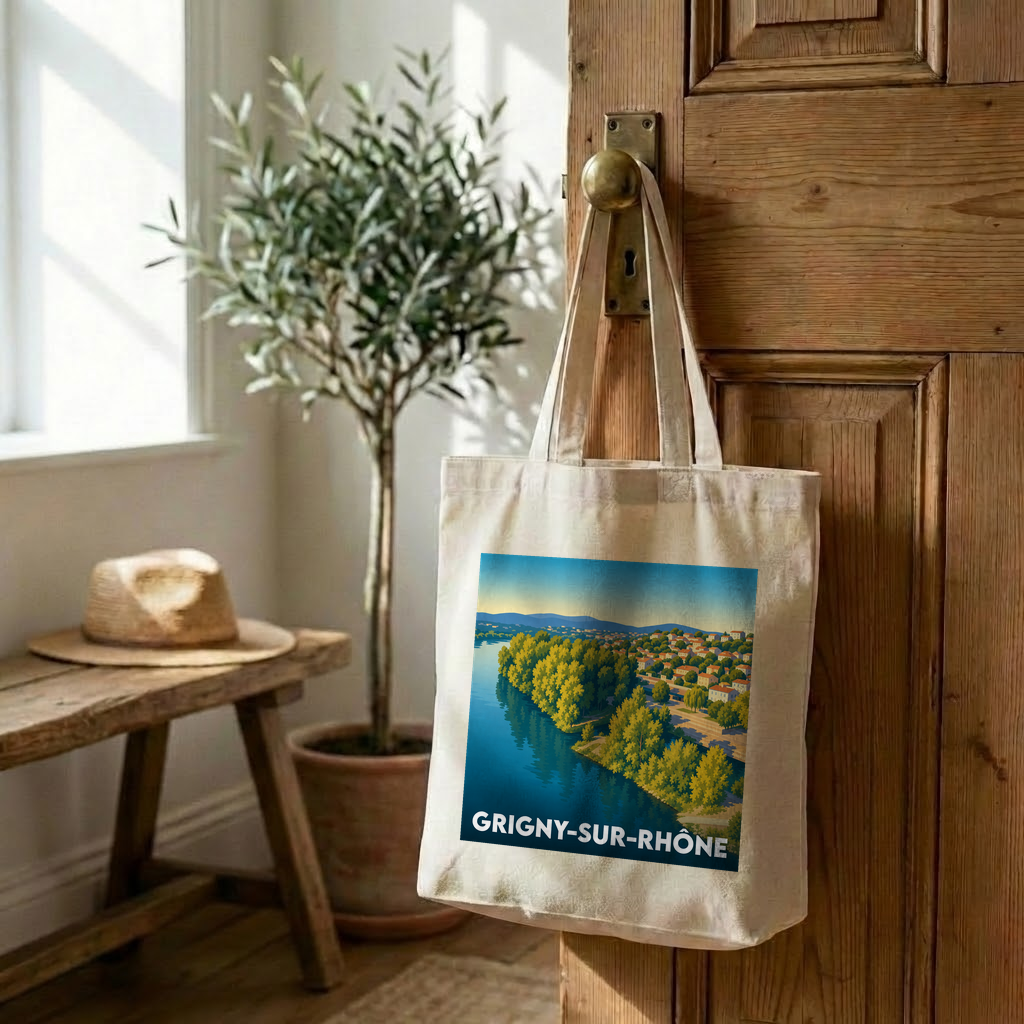 Tote bag souvenir de la ville de Grigny-sur-Rhône avec une illustration stylisée d'un paysage fluvial.