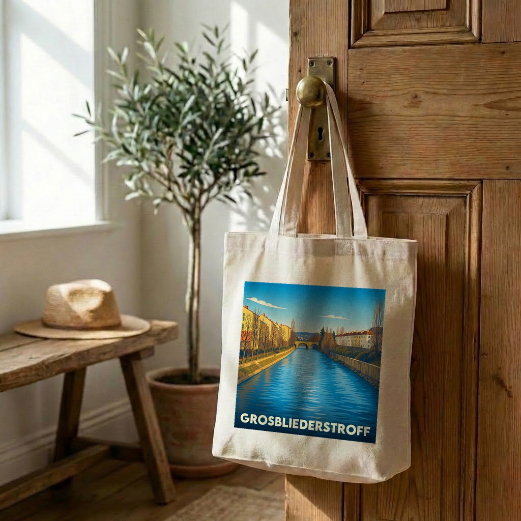 Tote bag souvenir de la ville de Grosbliederstroff avec une illustration stylisée d'un canal.