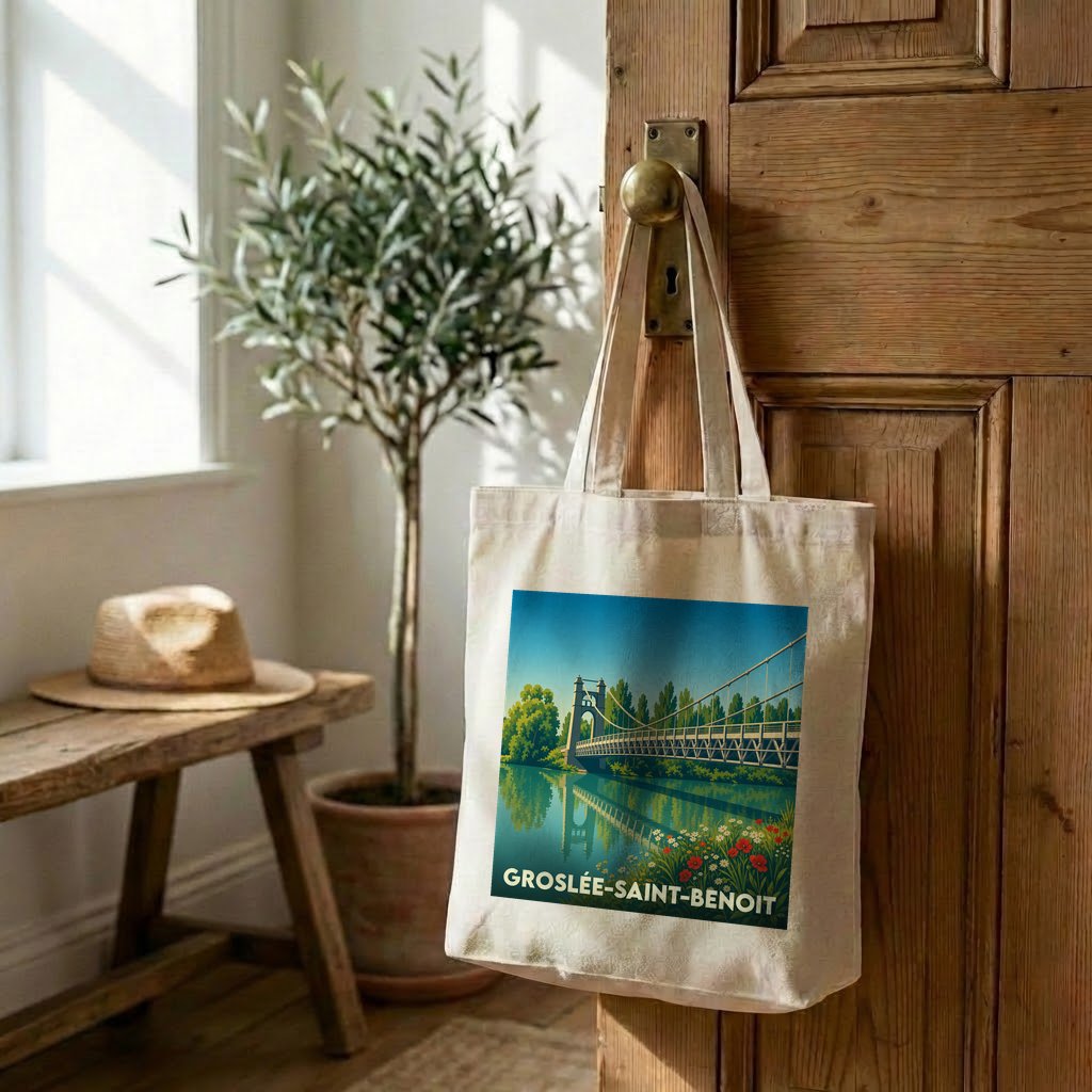 Tote bag souvenir de la ville de Groslée-Saint-Benoit avec une illustration stylisée d'un pont suspendu.