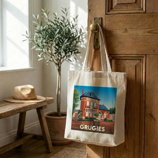 Tote bag souvenir de la ville de Grugies avec une illustration stylisée.
