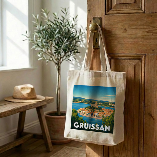 Tote bag souvenir de la ville de Gruissan avec une illustration stylisée.