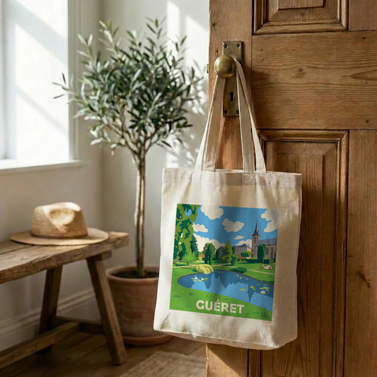 Tote bag souvenir de la ville de Guéret avec une illustration stylisée.