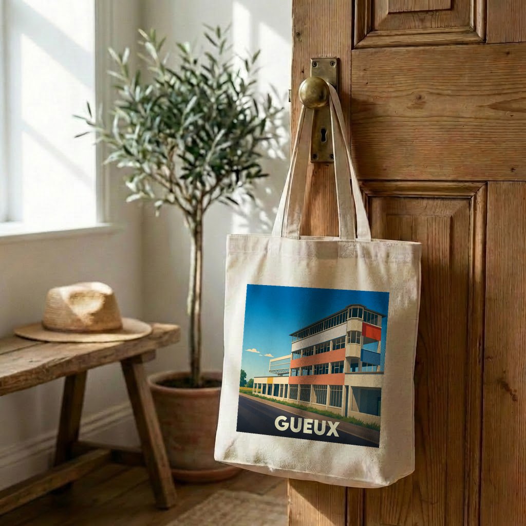 Tote bag souvenir de la ville de Gueux avec une illustration stylisée de ses tribunes de circuit automobile.