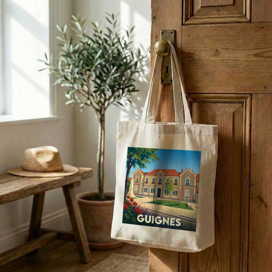 Tote bag souvenir de la ville de Guignes avec une illustration colorée et stylisée.