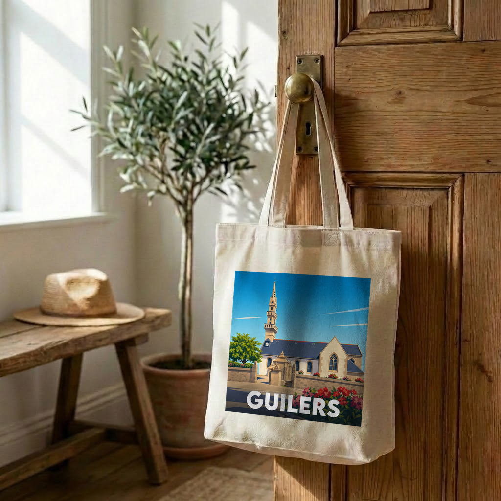 Tote bag souvenir de la ville de Guilers avec une illustration stylisée.