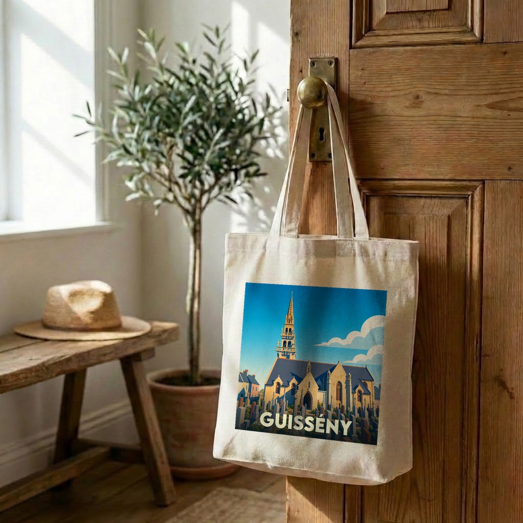 Tote bag souvenir de la ville de Guissény avec une illustration stylisée de son église.