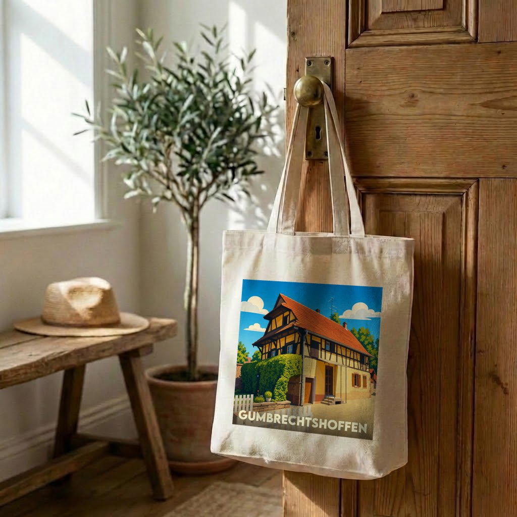 Tote bag souvenir de la ville de Gumbrechtshoffen avec une illustration stylisée d'une maison alsacienne.