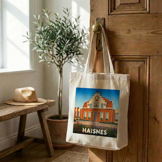 Tote bag souvenir de la ville de Haisnes avec une illustration stylisée de son architecture.