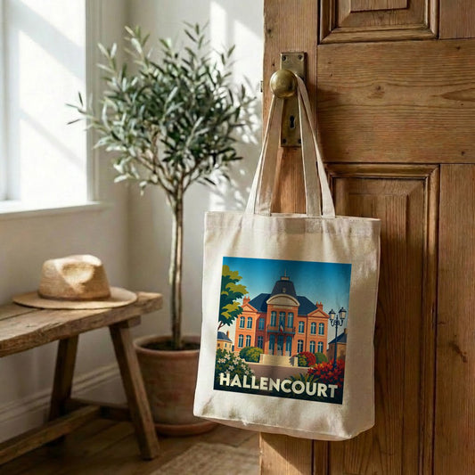 Tote bag souvenir de la ville de Hallencourt avec une illustration stylisée d'un bâtiment remarquable.