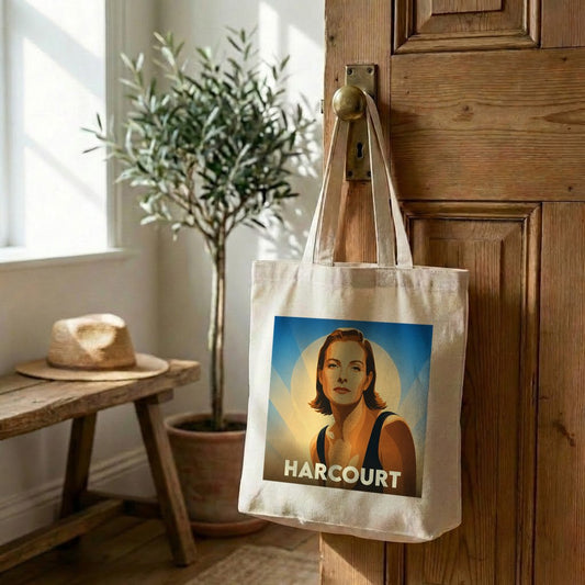 Tote bag souvenir de la ville de Harcourt avec une illustration stylisée.