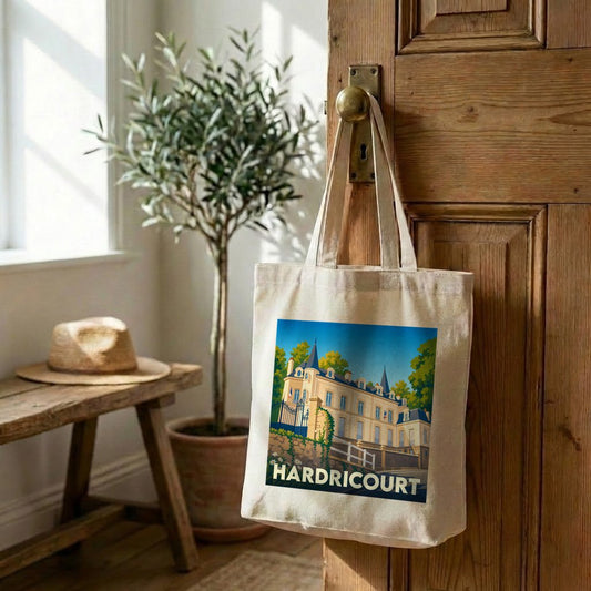 Tote bag souvenir de la ville de Hardricourt avec une illustration stylisée d'un château.