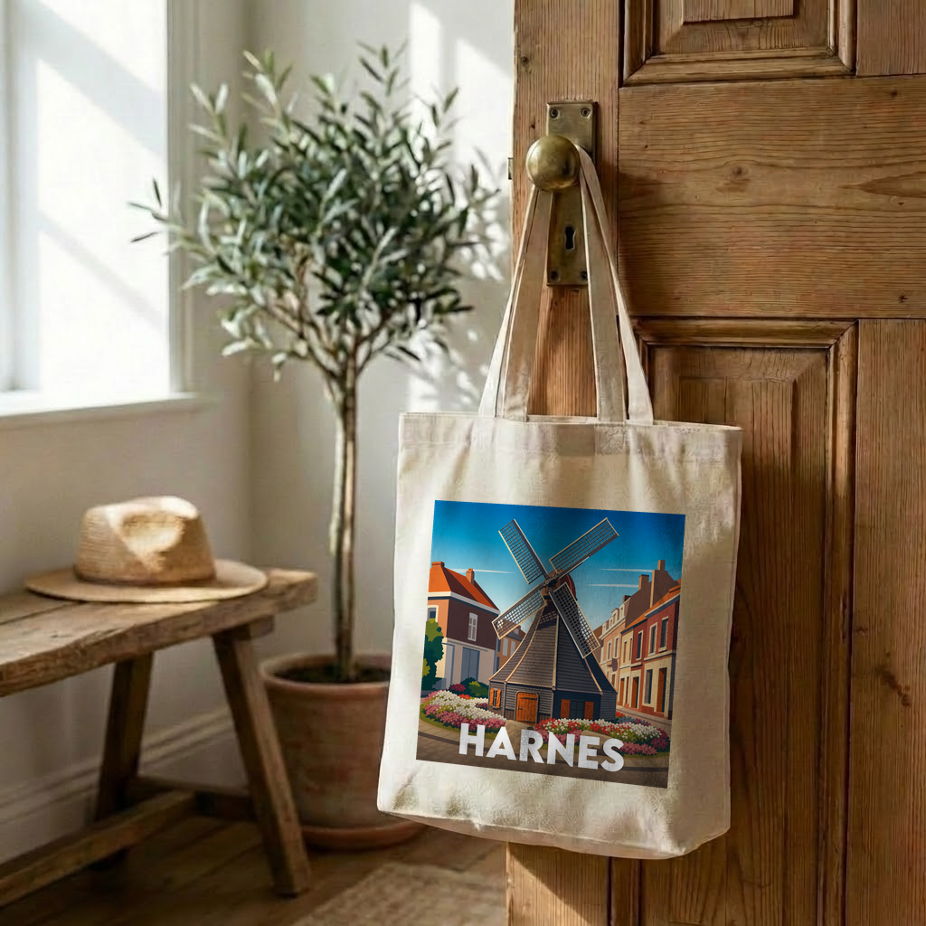 Tote bag souvenir de la ville de Harnes avec une illustration stylisée représentant un moulin.